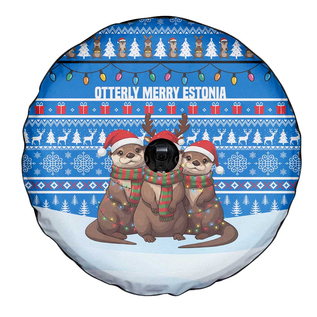 Estonia Christmas Spare Tire Cover with Santa Otters Lights Snowflakes and National Emblem on Blue Pattern - Wonder Print Shop