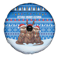 Estonia Christmas Spare Tire Cover with Santa Otters Lights Snowflakes and National Emblem on Blue Pattern - Wonder Print Shop