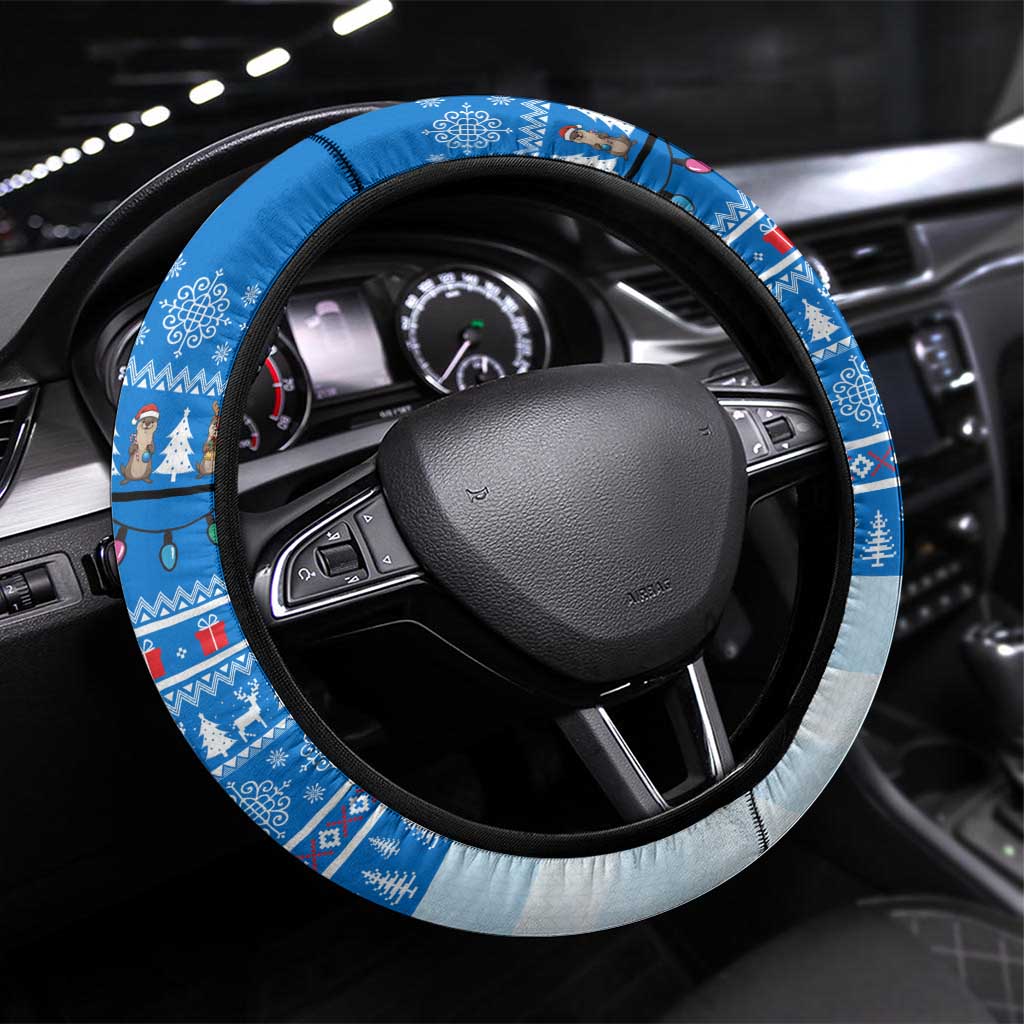 Estonia Christmas Steering Wheel Cover with Santa Otters Lights Snowflakes and National Emblem on Blue Pattern - Wonder Print Shop