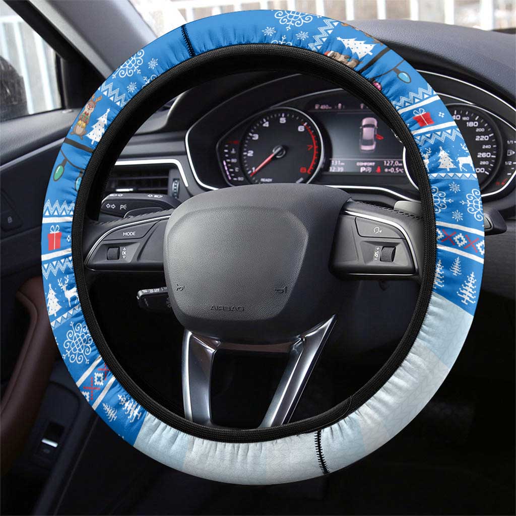 Estonia Christmas Steering Wheel Cover with Santa Otters Lights Snowflakes and National Emblem on Blue Pattern - Wonder Print Shop