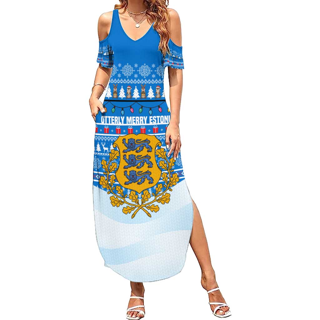 Estonia Christmas Summer Maxi Dress with Santa Otters Lights Snowflakes and National Emblem on Blue Pattern - Wonder Print Shop