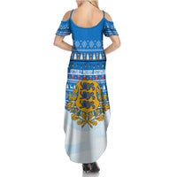 Estonia Christmas Summer Maxi Dress with Santa Otters Lights Snowflakes and National Emblem on Blue Pattern - Wonder Print Shop
