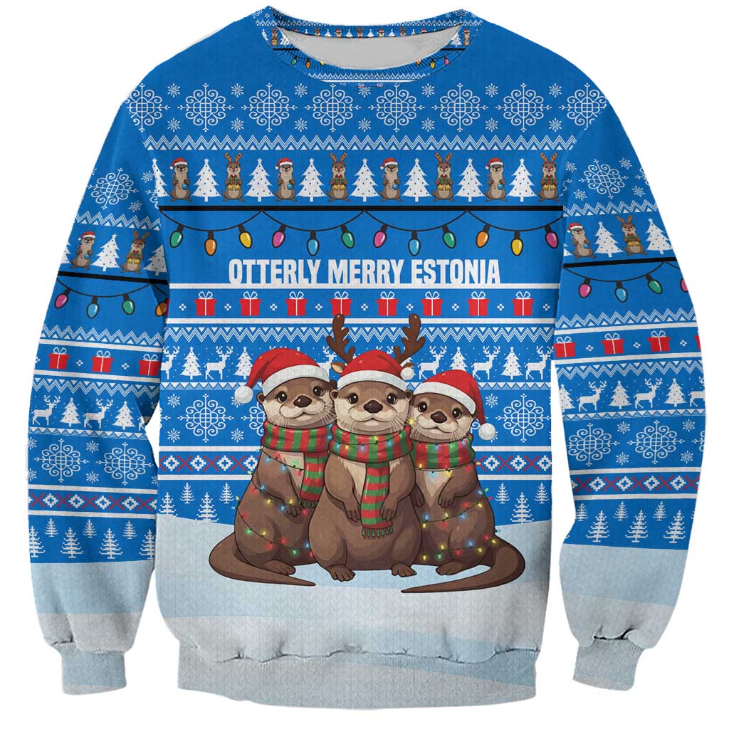 Estonia Christmas Sweatshirt with Santa Otters Lights Snowflakes and National Emblem on Blue Pattern - Wonder Print Shop
