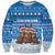 Estonia Christmas Sweatshirt with Santa Otters Lights Snowflakes and National Emblem on Blue Pattern - Wonder Print Shop