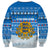 Estonia Christmas Sweatshirt with Santa Otters Lights Snowflakes and National Emblem on Blue Pattern - Wonder Print Shop