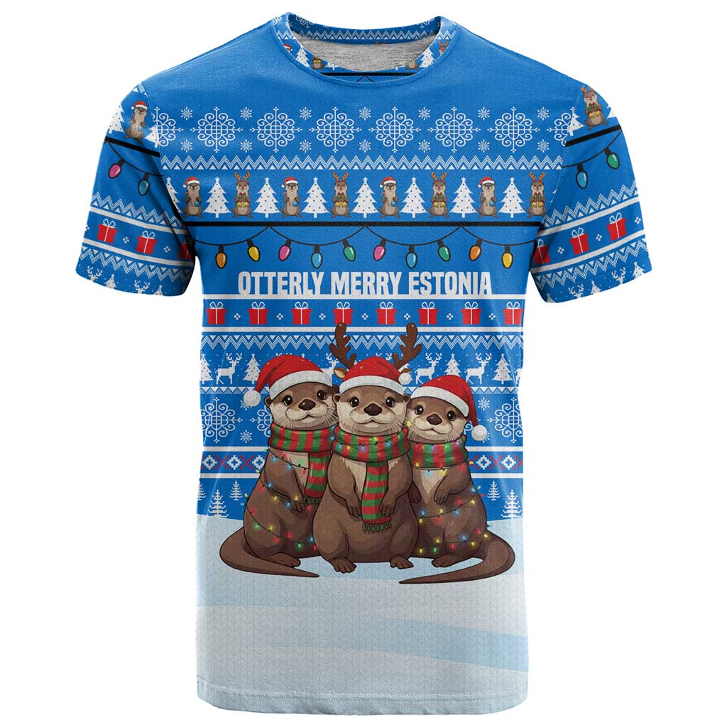 Estonia Christmas T Shirt with Santa Otters Lights Snowflakes and National Emblem on Blue Pattern - Wonder Print Shop