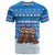 Estonia Christmas T Shirt with Santa Otters Lights Snowflakes and National Emblem on Blue Pattern - Wonder Print Shop