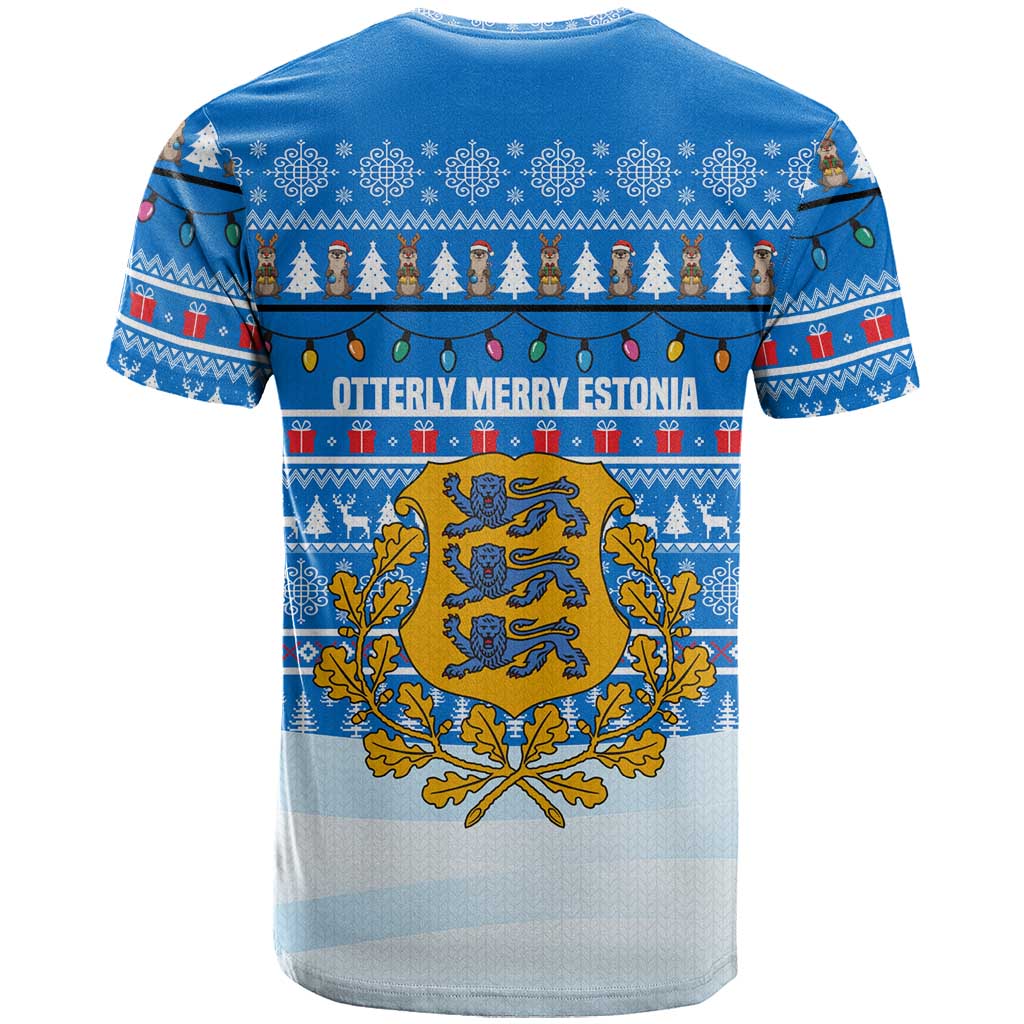 Estonia Christmas T Shirt with Santa Otters Lights Snowflakes and National Emblem on Blue Pattern - Wonder Print Shop