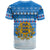 Estonia Christmas T Shirt with Santa Otters Lights Snowflakes and National Emblem on Blue Pattern - Wonder Print Shop