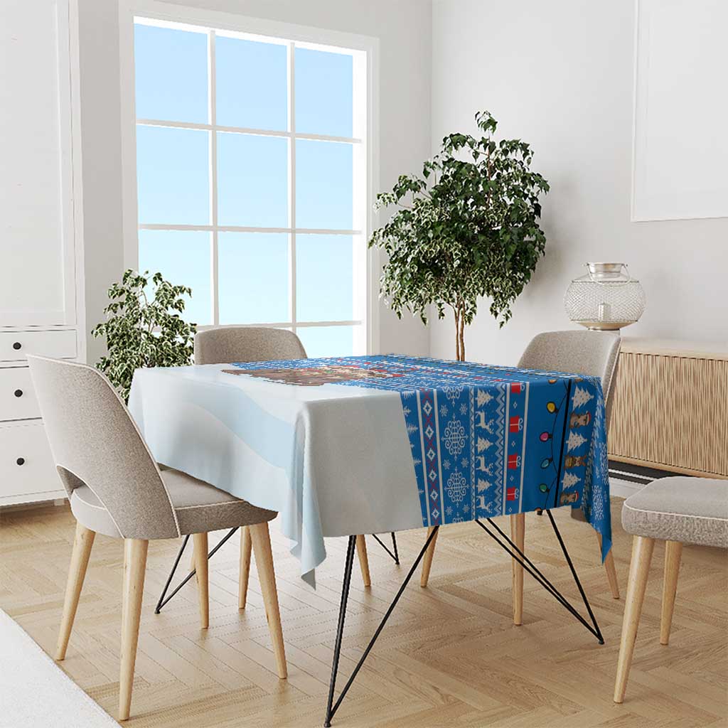 Estonia Christmas Tablecloth with Santa Otters Lights Snowflakes and National Emblem on Blue Pattern - Wonder Print Shop