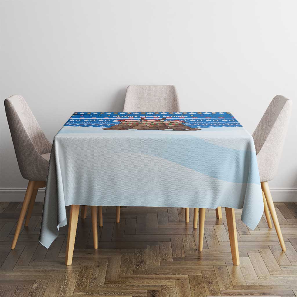 Estonia Christmas Tablecloth with Santa Otters Lights Snowflakes and National Emblem on Blue Pattern - Wonder Print Shop