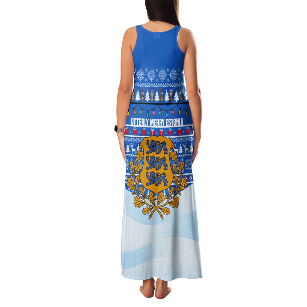 Estonia Christmas Tank Maxi Dress with Santa Otters Lights Snowflakes and National Emblem on Blue Pattern - Wonder Print Shop