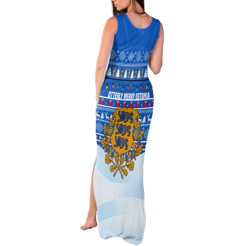 Estonia Christmas Tank Maxi Dress with Santa Otters Lights Snowflakes and National Emblem on Blue Pattern - Wonder Print Shop