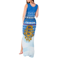 Estonia Christmas Tank Maxi Dress with Santa Otters Lights Snowflakes and National Emblem on Blue Pattern - Wonder Print Shop