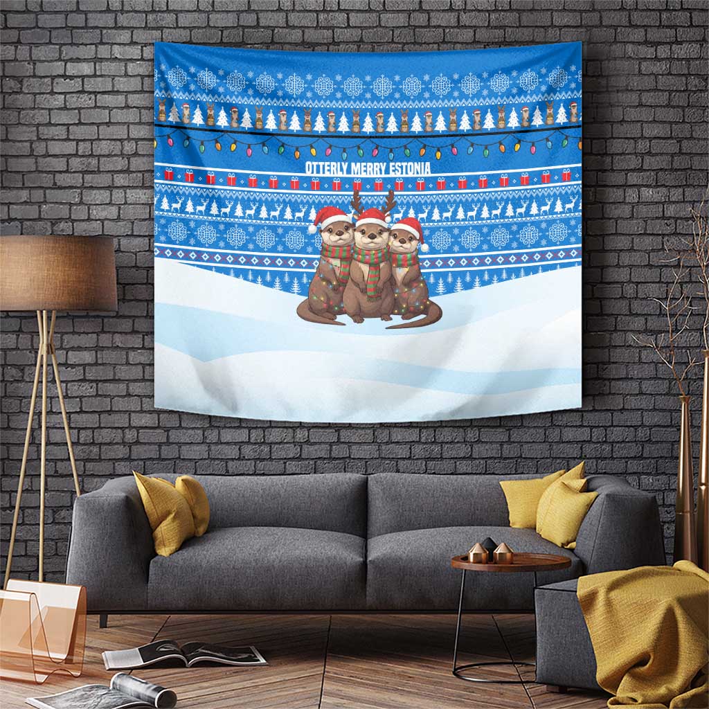 Estonia Christmas Tapestry with Santa Otters Lights Snowflakes and National Emblem on Blue Pattern - Wonder Print Shop