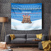 Estonia Christmas Tapestry with Santa Otters Lights Snowflakes and National Emblem on Blue Pattern - Wonder Print Shop