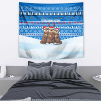 Estonia Christmas Tapestry with Santa Otters Lights Snowflakes and National Emblem on Blue Pattern - Wonder Print Shop