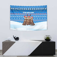 Estonia Christmas Tapestry with Santa Otters Lights Snowflakes and National Emblem on Blue Pattern - Wonder Print Shop