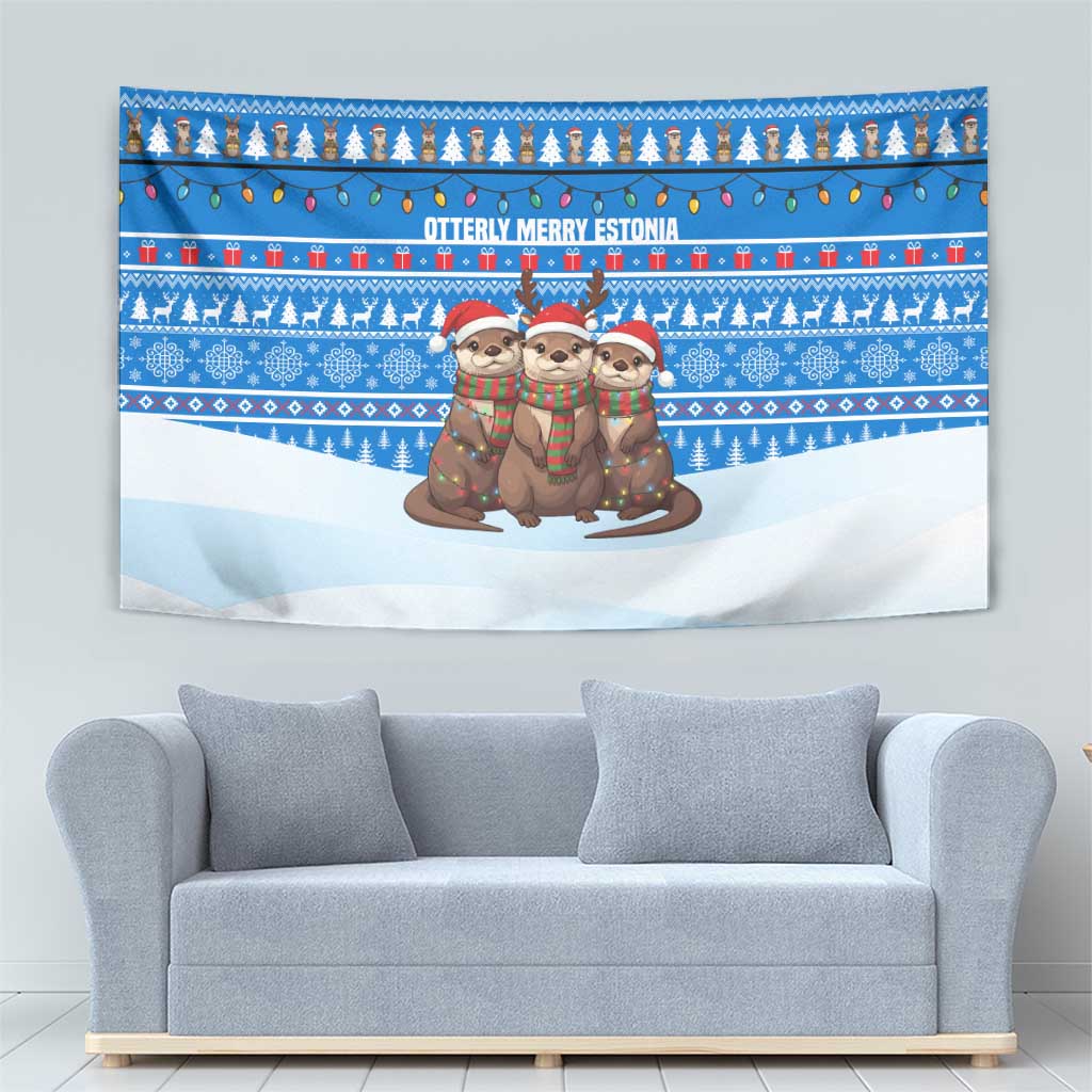 Estonia Christmas Tapestry with Santa Otters Lights Snowflakes and National Emblem on Blue Pattern - Wonder Print Shop