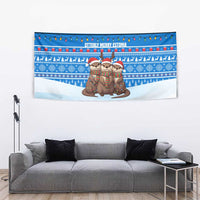 Estonia Christmas Tapestry with Santa Otters Lights Snowflakes and National Emblem on Blue Pattern - Wonder Print Shop