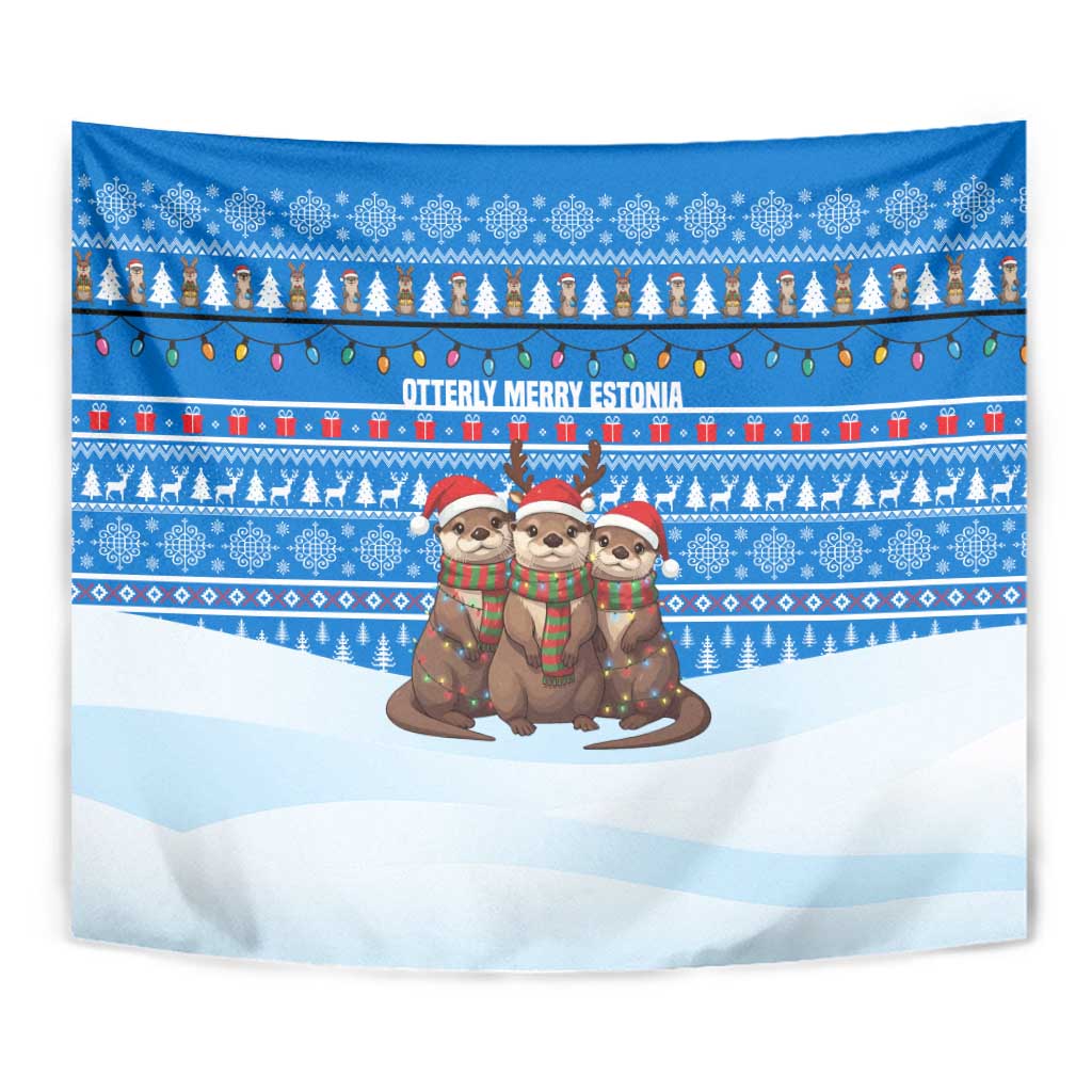Estonia Christmas Tapestry with Santa Otters Lights Snowflakes and National Emblem on Blue Pattern - Wonder Print Shop