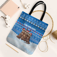 Estonia Christmas Tote Bag with Santa Otters Lights Snowflakes and National Emblem on Blue Pattern - Wonder Print Shop