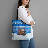Estonia Christmas Tote Bag with Santa Otters Lights Snowflakes and National Emblem on Blue Pattern - Wonder Print Shop