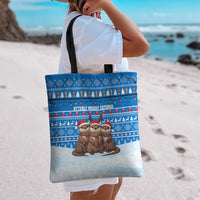 Estonia Christmas Tote Bag with Santa Otters Lights Snowflakes and National Emblem on Blue Pattern - Wonder Print Shop