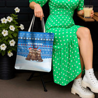 Estonia Christmas Tote Bag with Santa Otters Lights Snowflakes and National Emblem on Blue Pattern - Wonder Print Shop