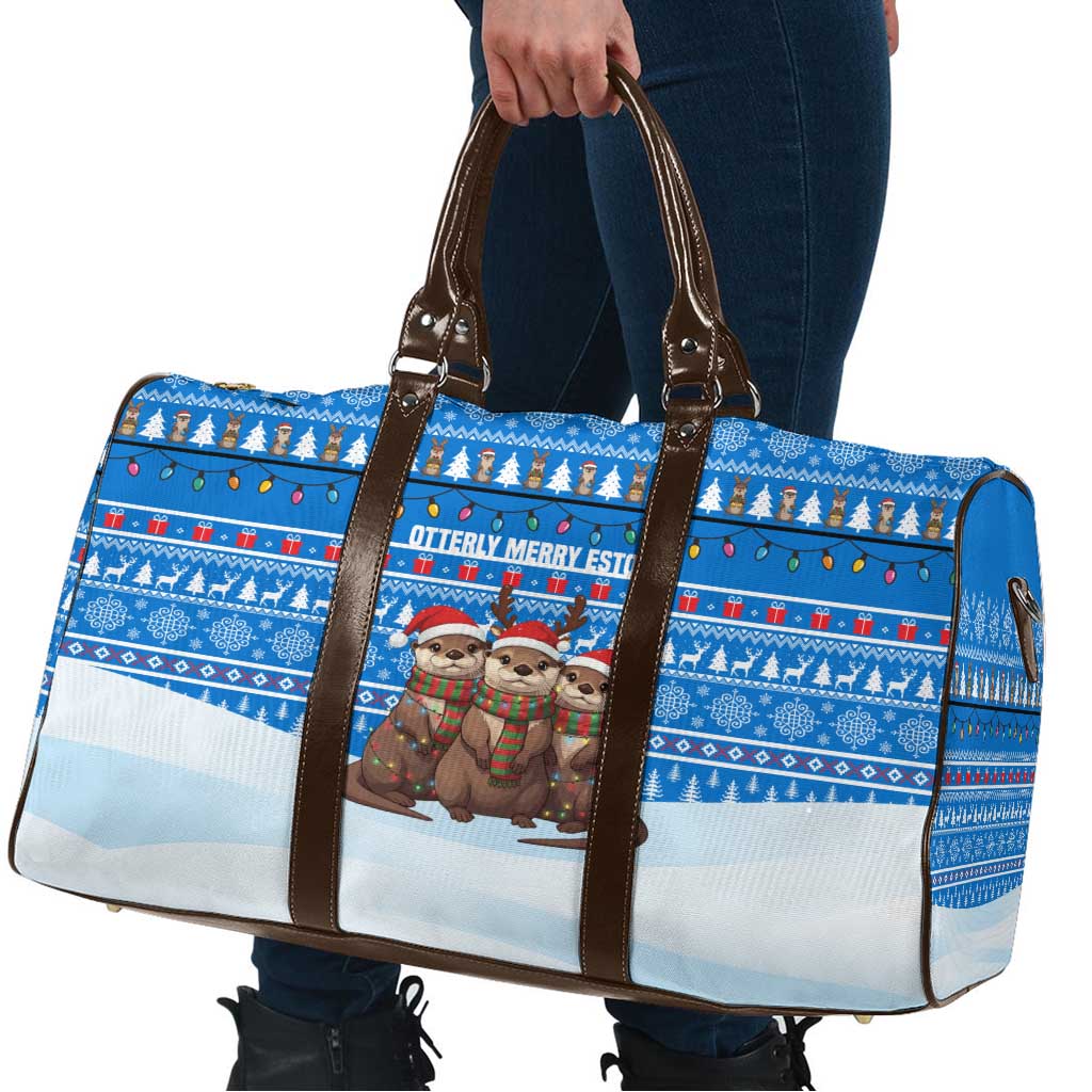 Estonia Christmas Travel Bag with Santa Otters Lights Snowflakes and National Emblem on Blue Pattern - Wonder Print Shop