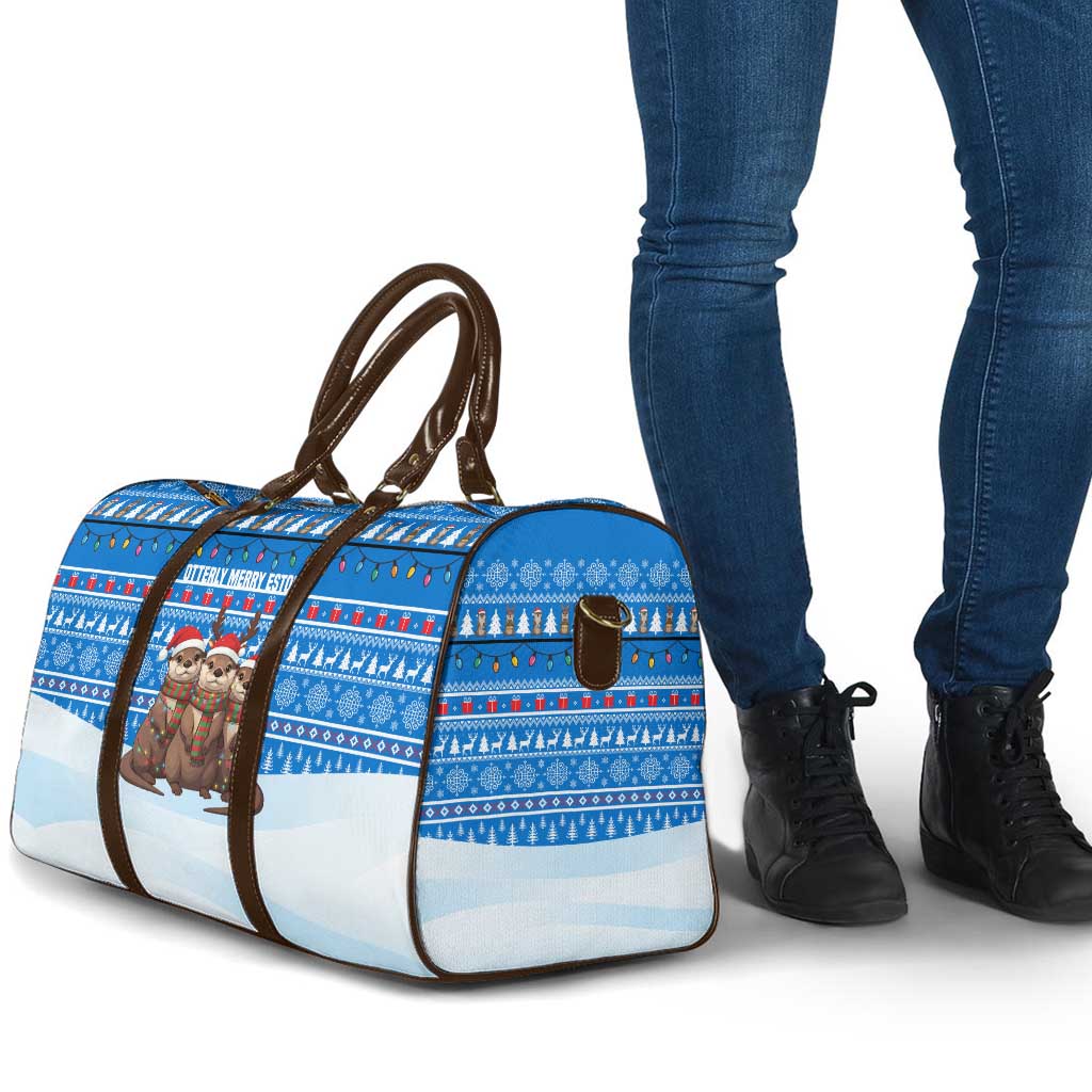 Estonia Christmas Travel Bag with Santa Otters Lights Snowflakes and National Emblem on Blue Pattern - Wonder Print Shop
