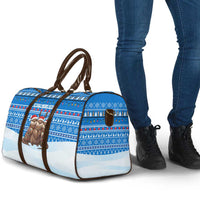 Estonia Christmas Travel Bag with Santa Otters Lights Snowflakes and National Emblem on Blue Pattern - Wonder Print Shop