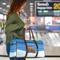 Estonia Christmas Travel Bag with Santa Otters Lights Snowflakes and National Emblem on Blue Pattern - Wonder Print Shop