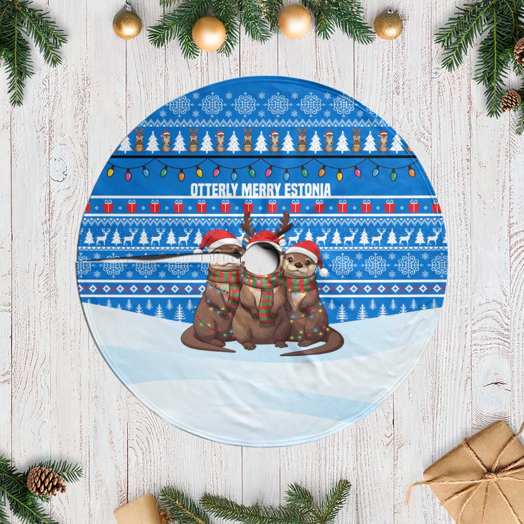 Estonia Christmas Tree Skirt with Santa Otters Lights Snowflakes and National Emblem on Blue Pattern - Wonder Print Shop