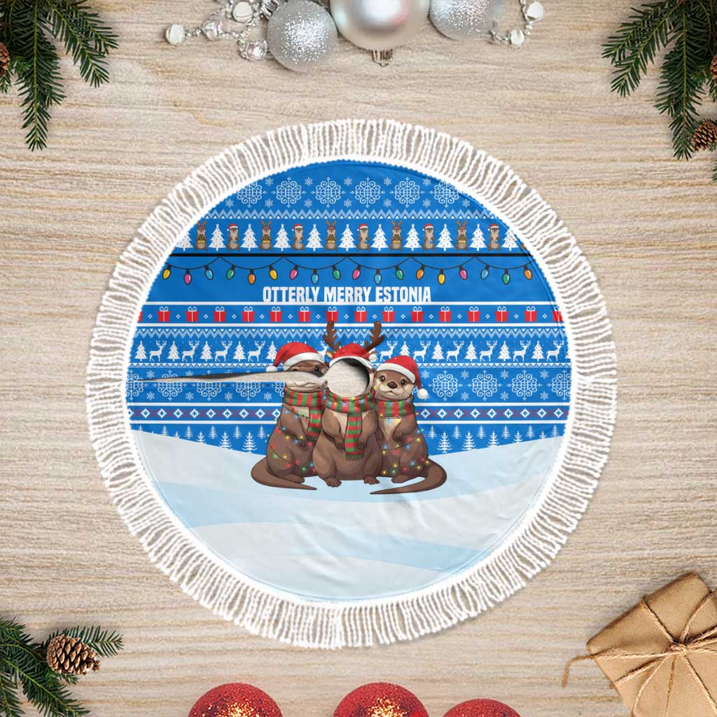 Estonia Christmas Tree Skirt with Santa Otters Lights Snowflakes and National Emblem on Blue Pattern - Wonder Print Shop