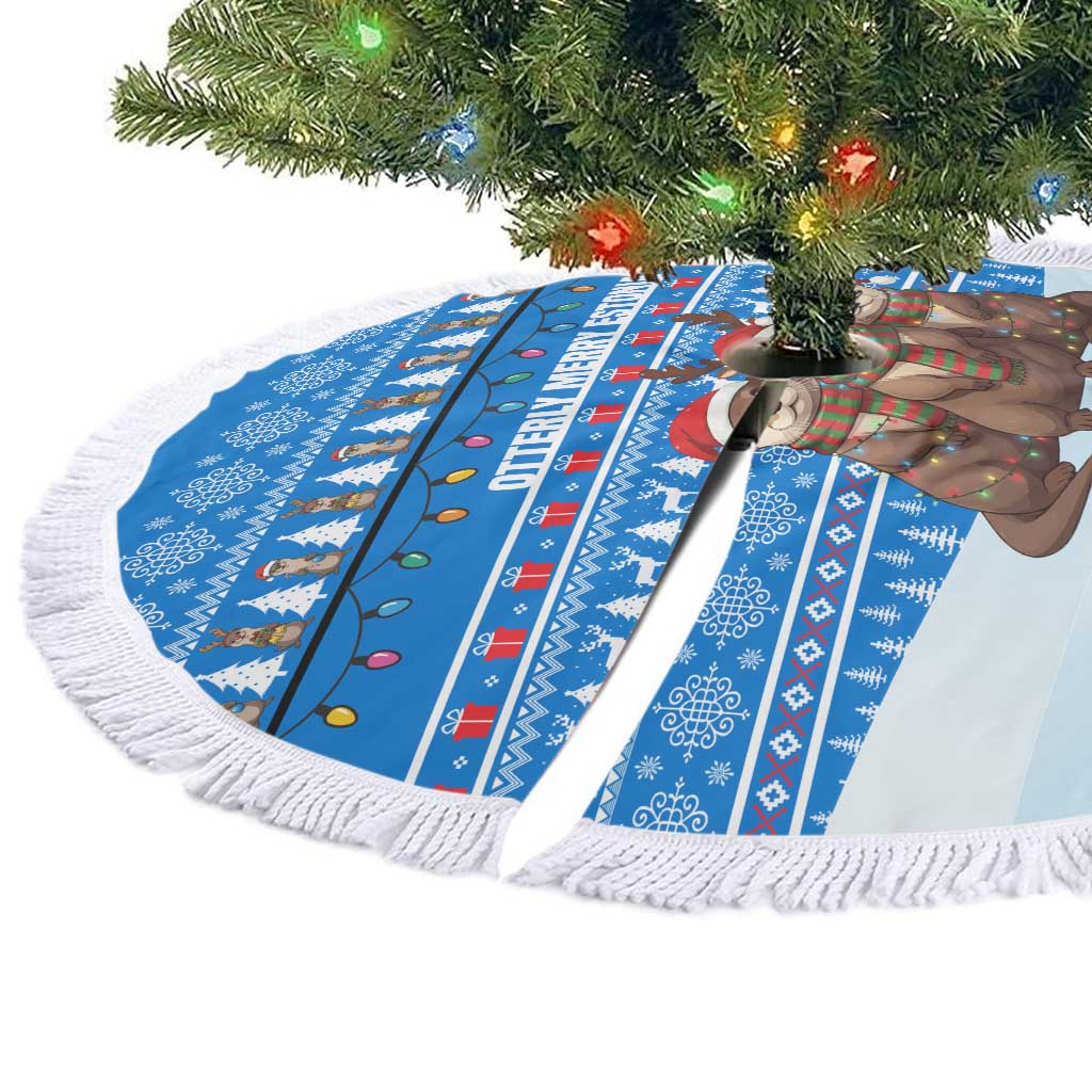 Estonia Christmas Tree Skirt with Santa Otters Lights Snowflakes and National Emblem on Blue Pattern - Wonder Print Shop