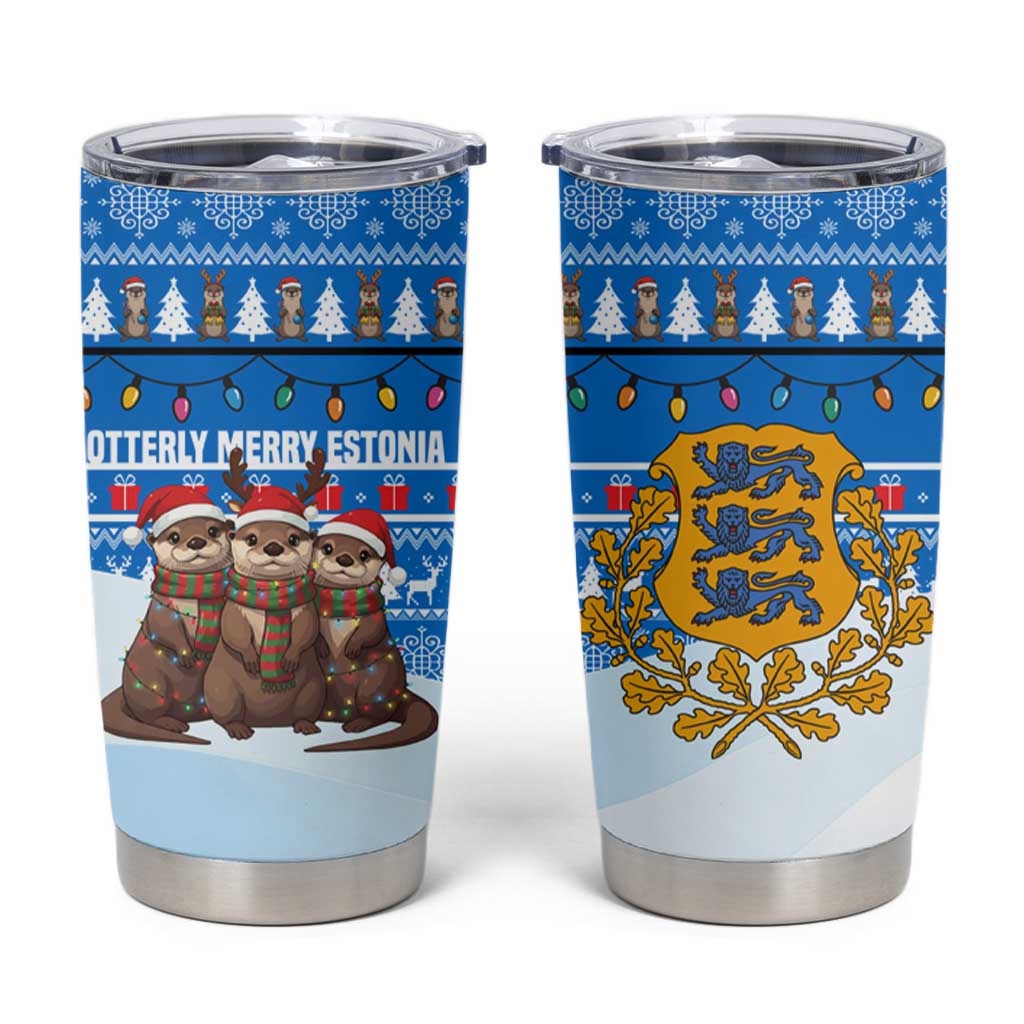 Estonia Christmas Tumbler Cup with Santa Otters Lights Snowflakes and National Emblem on Blue Pattern - Wonder Print Shop