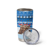 Estonia Christmas Tumbler Cup with Santa Otters Lights Snowflakes and National Emblem on Blue Pattern - Wonder Print Shop