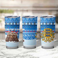 Estonia Christmas Tumbler Cup with Santa Otters Lights Snowflakes and National Emblem on Blue Pattern - Wonder Print Shop