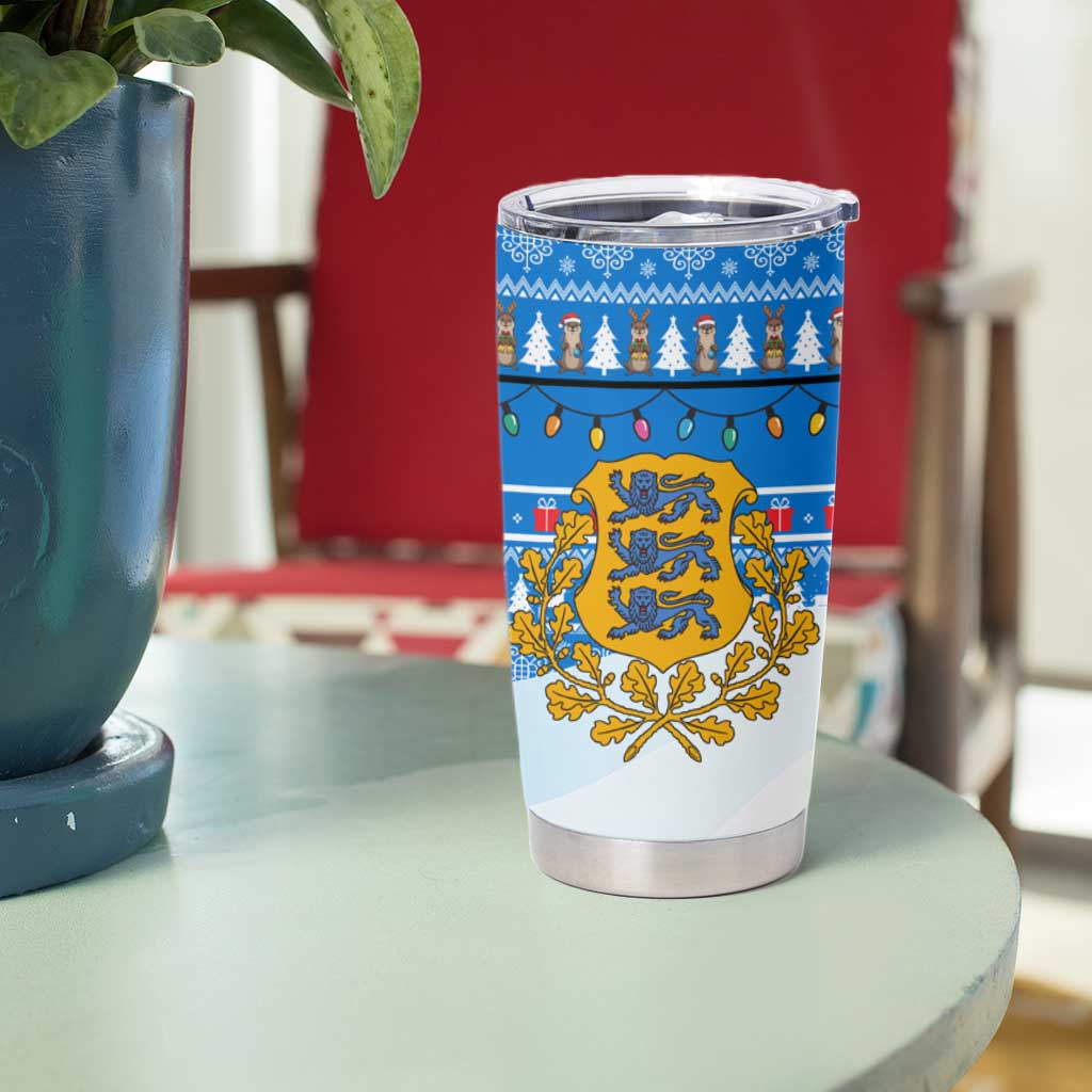 Estonia Christmas Tumbler Cup with Santa Otters Lights Snowflakes and National Emblem on Blue Pattern - Wonder Print Shop