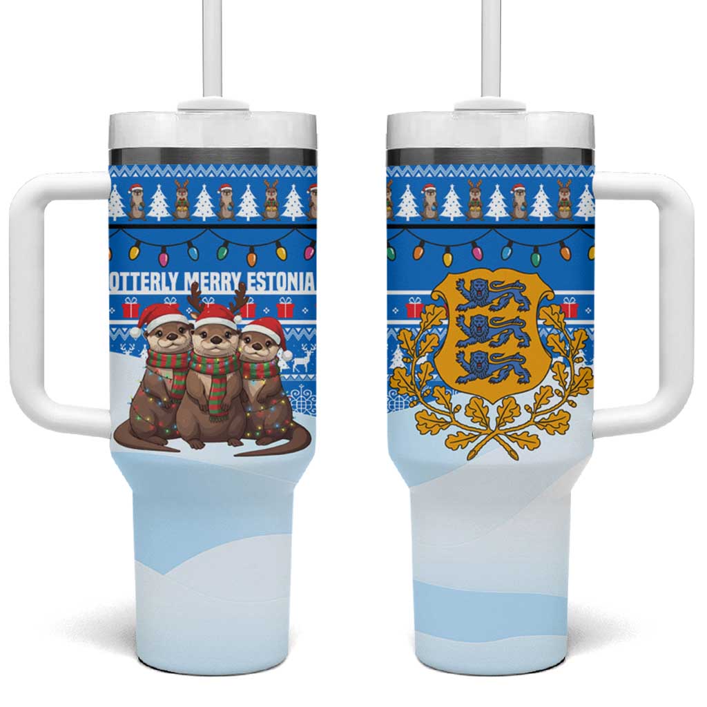 Estonia Christmas Tumbler With Handle with Santa Otters Lights Snowflakes and National Emblem on Blue Pattern - Wonder Print Shop