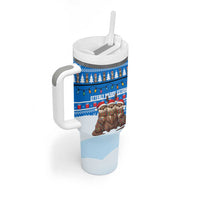 Estonia Christmas Tumbler With Handle with Santa Otters Lights Snowflakes and National Emblem on Blue Pattern - Wonder Print Shop