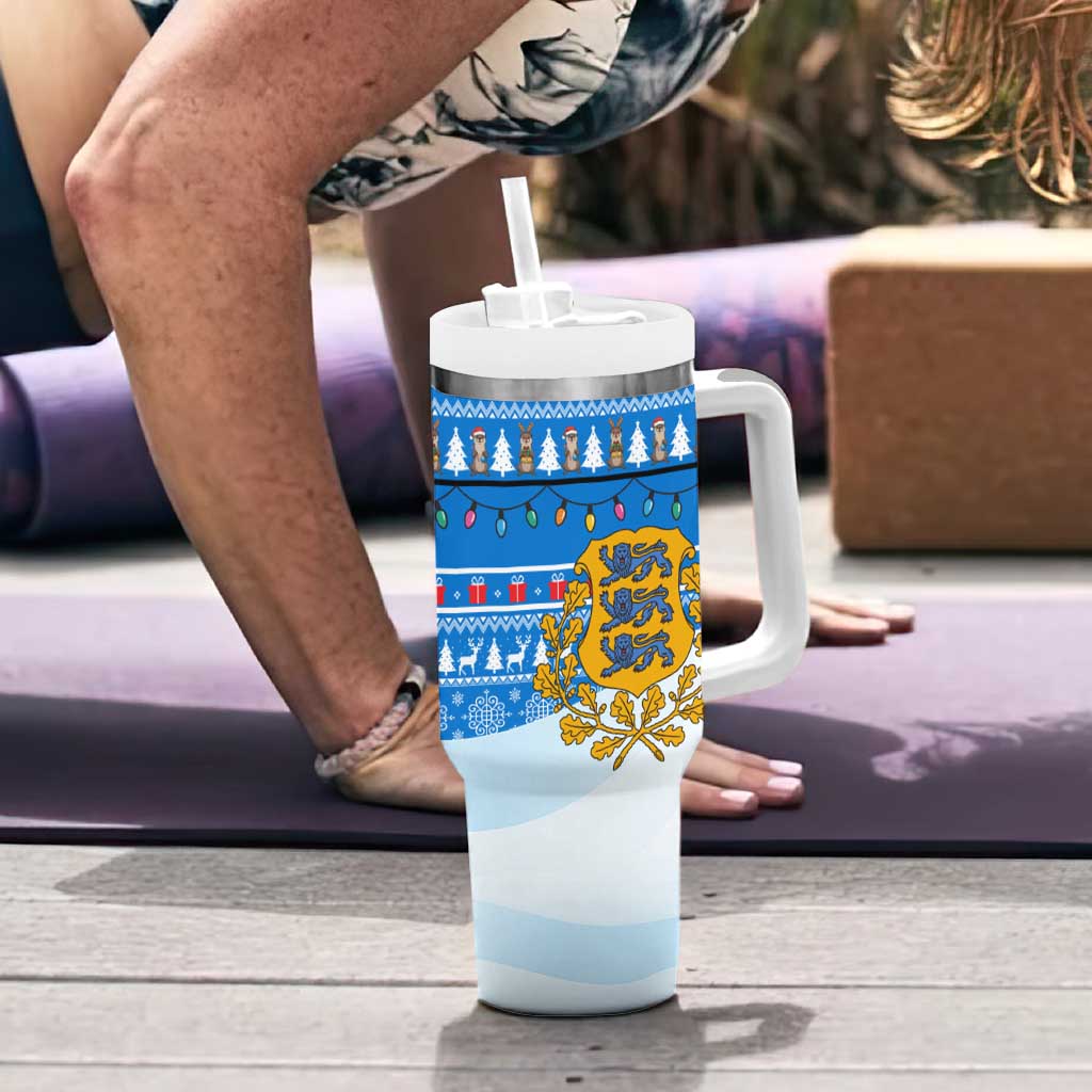 Estonia Christmas Tumbler With Handle with Santa Otters Lights Snowflakes and National Emblem on Blue Pattern - Wonder Print Shop
