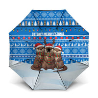 Estonia Christmas Umbrella with Santa Otters Lights Snowflakes and National Emblem on Blue Pattern - Wonder Print Shop