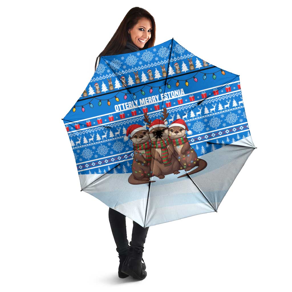 Estonia Christmas Umbrella with Santa Otters Lights Snowflakes and National Emblem on Blue Pattern - Wonder Print Shop