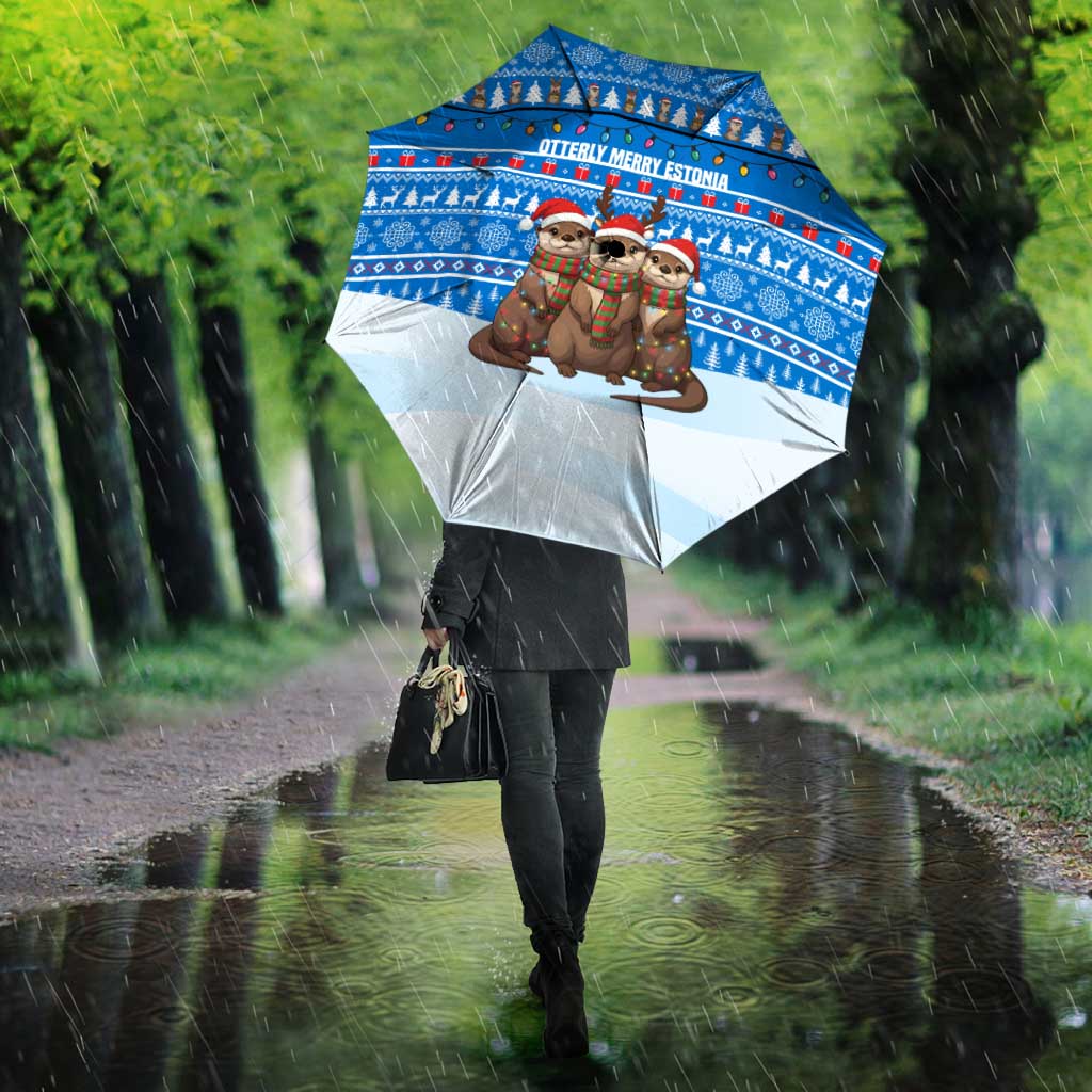 Estonia Christmas Umbrella with Santa Otters Lights Snowflakes and National Emblem on Blue Pattern - Wonder Print Shop