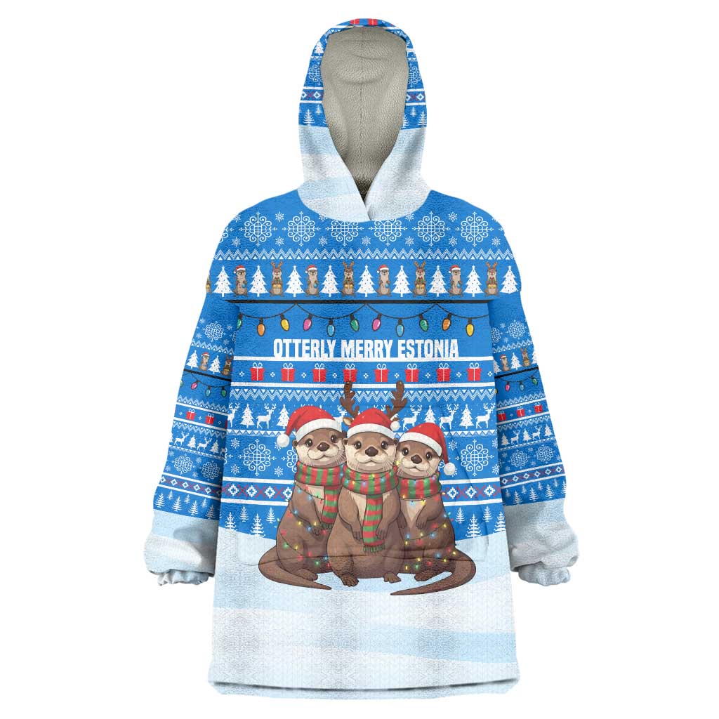 Estonia Christmas Wearable Blanket Hoodie with Santa Otters Lights Snowflakes and National Emblem on Blue Pattern - Wonder Print Shop