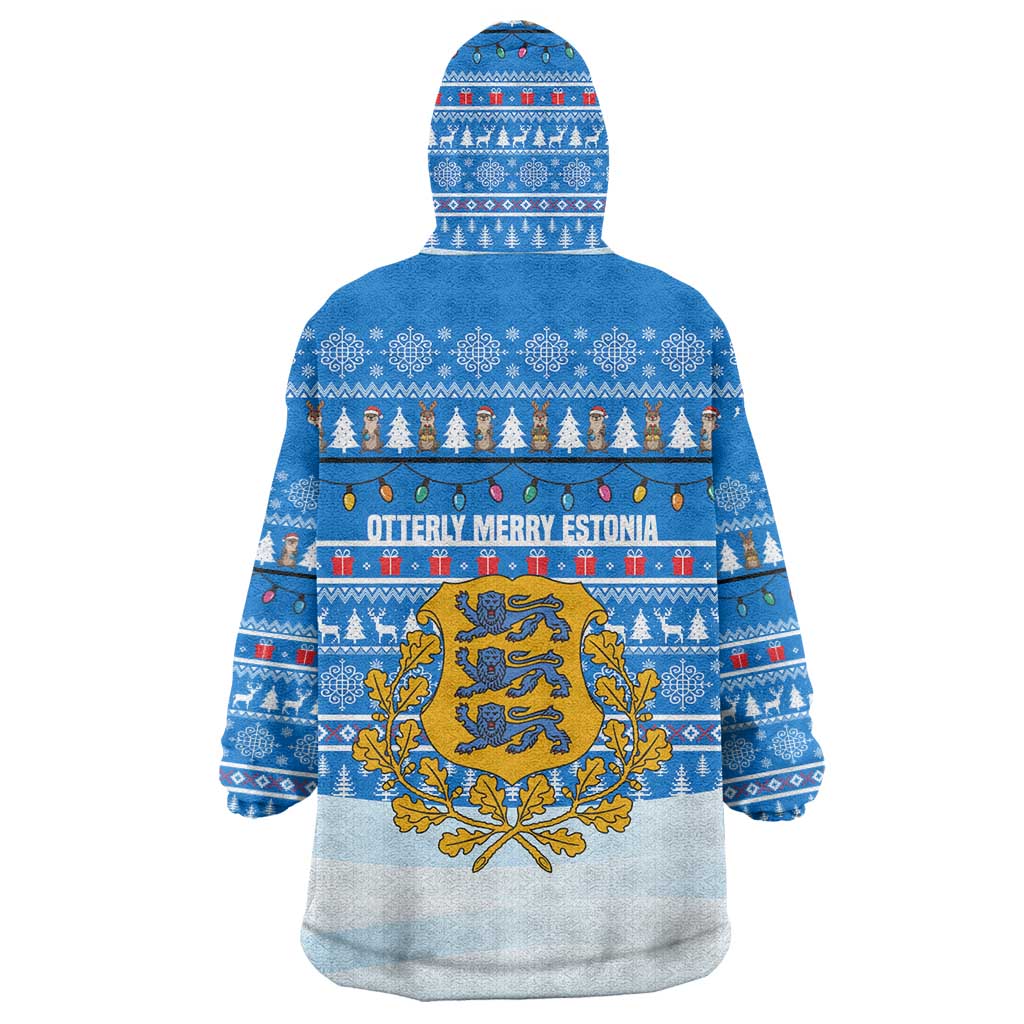 Estonia Christmas Wearable Blanket Hoodie with Santa Otters Lights Snowflakes and National Emblem on Blue Pattern - Wonder Print Shop