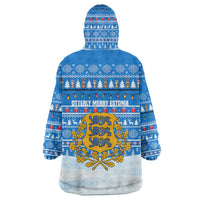 Estonia Christmas Wearable Blanket Hoodie with Santa Otters Lights Snowflakes and National Emblem on Blue Pattern - Wonder Print Shop