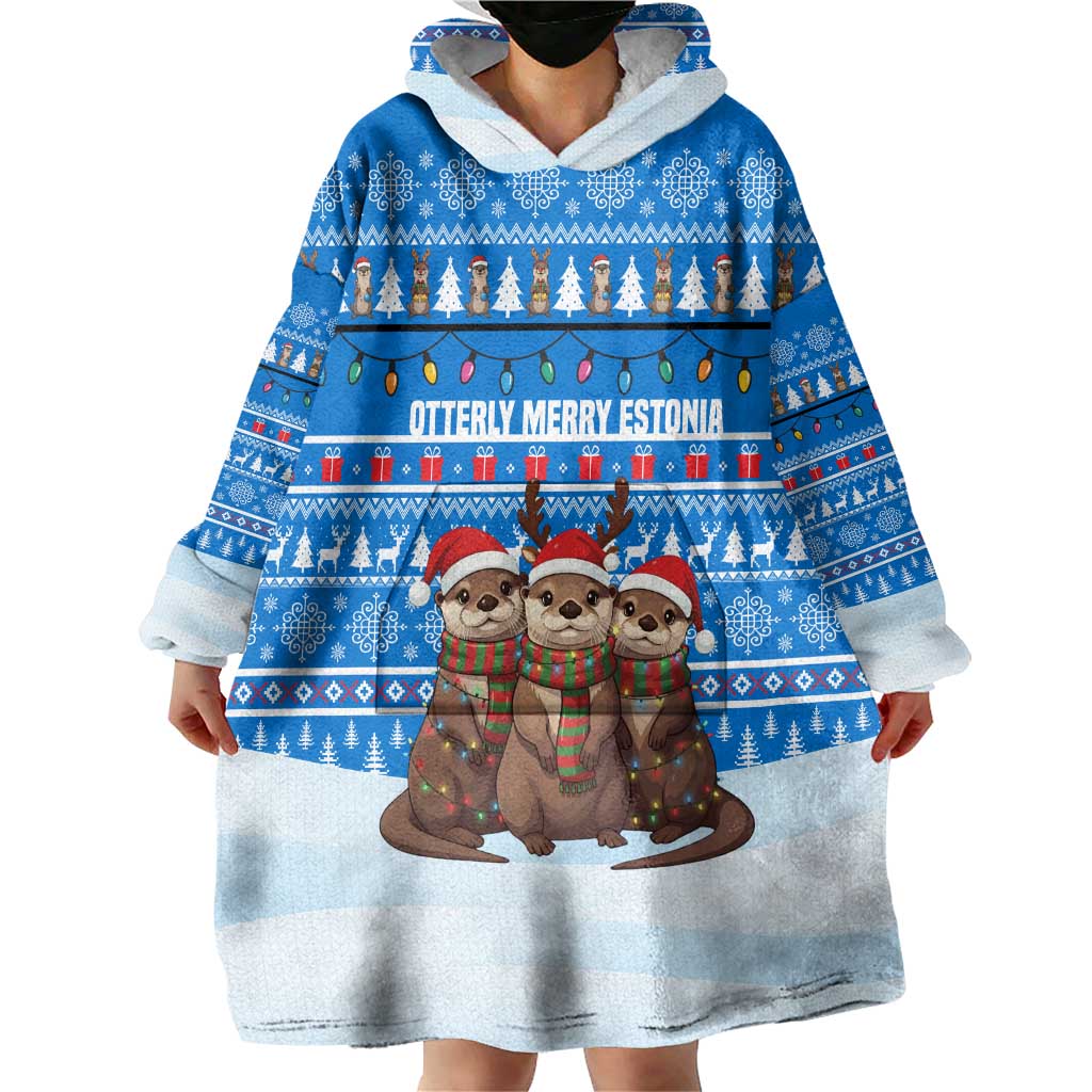 Estonia Christmas Wearable Blanket Hoodie with Santa Otters Lights Snowflakes and National Emblem on Blue Pattern - Wonder Print Shop